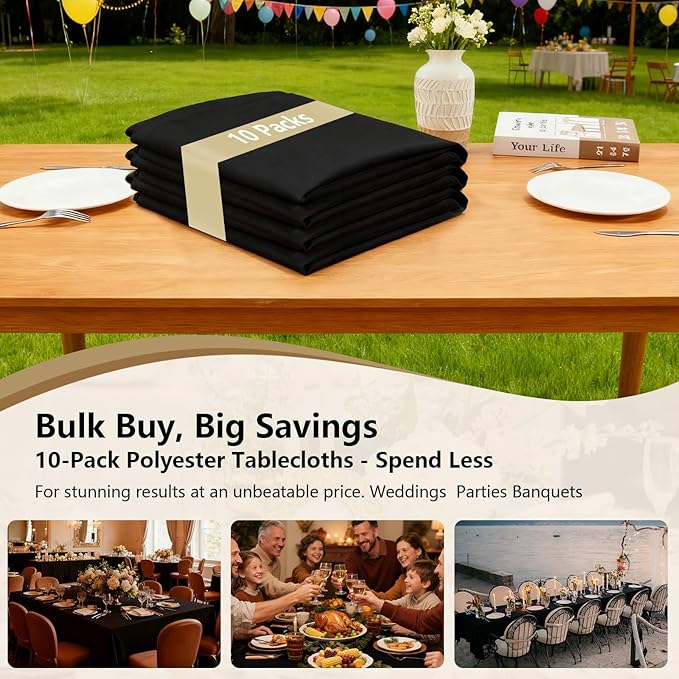 Black Tablecloths Rectangular 10-Pack, 60x126 Inch Table Cloth for Rectangle Tables - Polyester Fabric Tablecloth, Reusable & Washable Table Cover