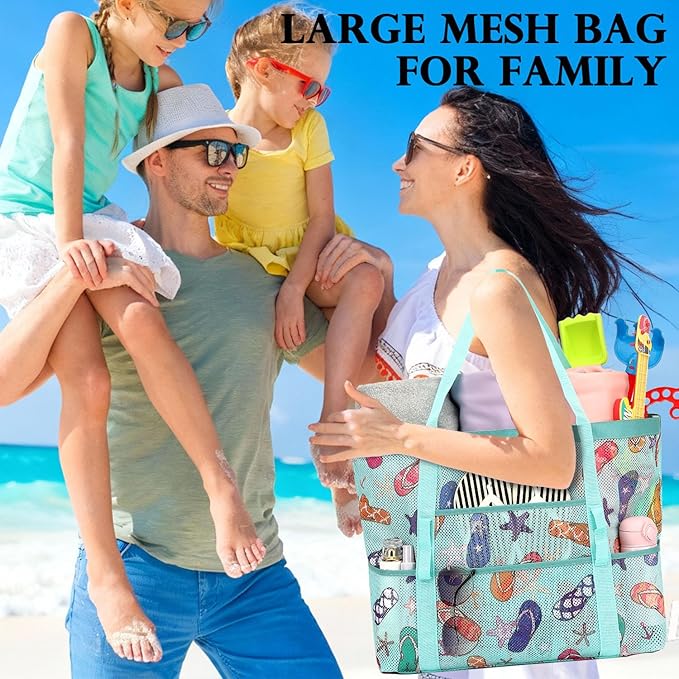Fammart Mesh Beach Bag, Large Beach Tote with Zipper Pocket for Family Pool Bag for Toys & Vacation Essentials