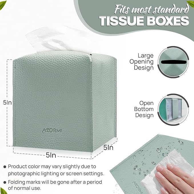 Tissue Box Cover Holder, PU Leather Tissue Box Cover Square with Bottom Belt, Cube Tissue Holder for Bathroom, Modern Organizer for Car, Office, Tabletop (Sky Blue, 14 Leather Patterns)
