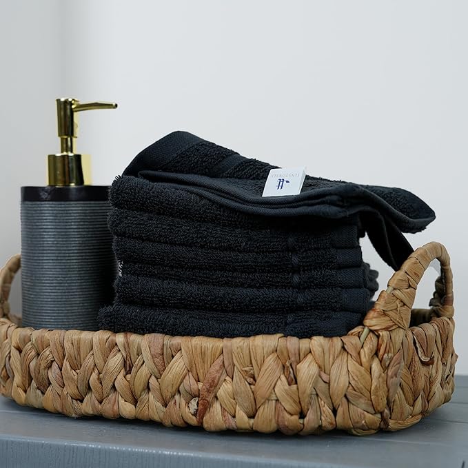 Tens Towels Pack of 24 Washcloths, 12 x 12 Inches, Lighter Weight, Quick to Dry, Super Soft & Absorbent, Gentle Face Towels, Hotel Quality, Perfect for Bathroom, Gym, Spa (Black, 24 Pack)