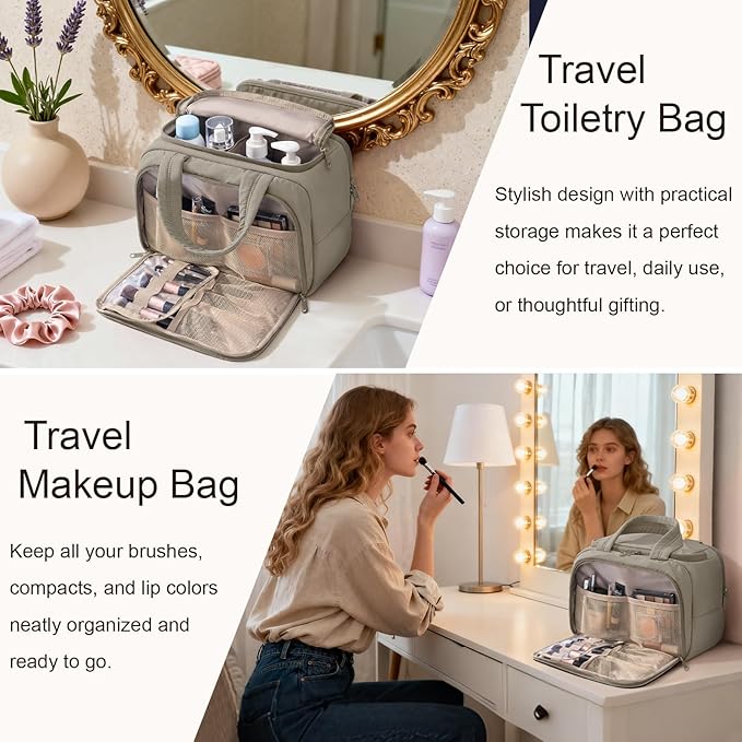 Bagstellar Travel Toiletry Bag, Lightweight Wide-open Large Puffy Toiletry Bag for Women, Quilted Makeup Bag Organizer Water-resistant Cosmetic Bag with Handle for Toiletries, Essentials, Accessories