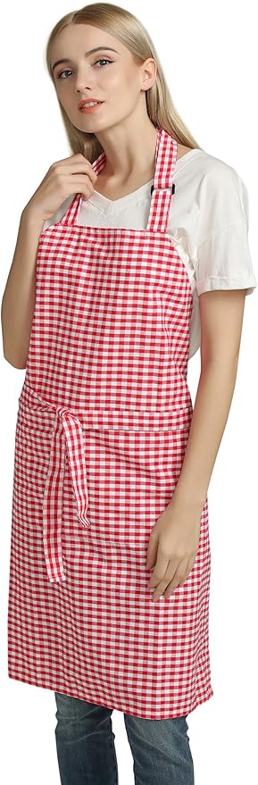 Vintage Gingham Kitchen Aprons Chef Bib Canvas Aprons Christmas Holiday Home Decorative 100% Pure Cotton Aprons in Large Size with Pockets Adjustable Neck Strap Long Ties Aprons(Red)