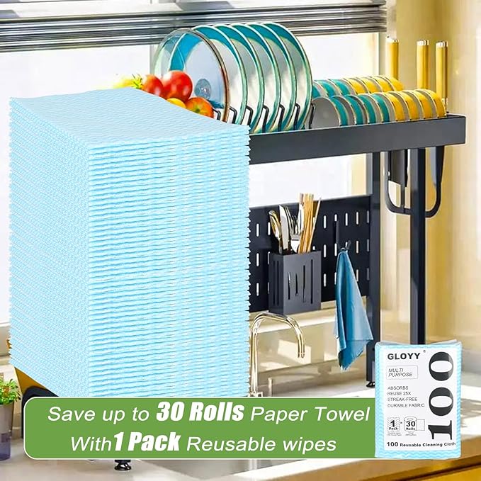 GLOYY Disposable Dish Cloth and Cleaning Handi Wipes, 100ct, Multi-Use Rags for Kitchen, Bathroom and Windows, Blue