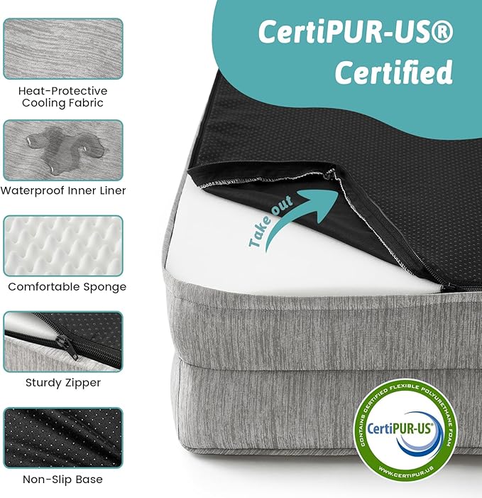 COZY KISS Cooling Dog Bed, Orthopedic Foam Dog Bed with Sides, Removable Cover & Waterproof Lining and Nonskid Bottom, Comfortable Pet Beds for Extra Large Dogs, Grey (48" L x 32" W x 7.5" Th)
