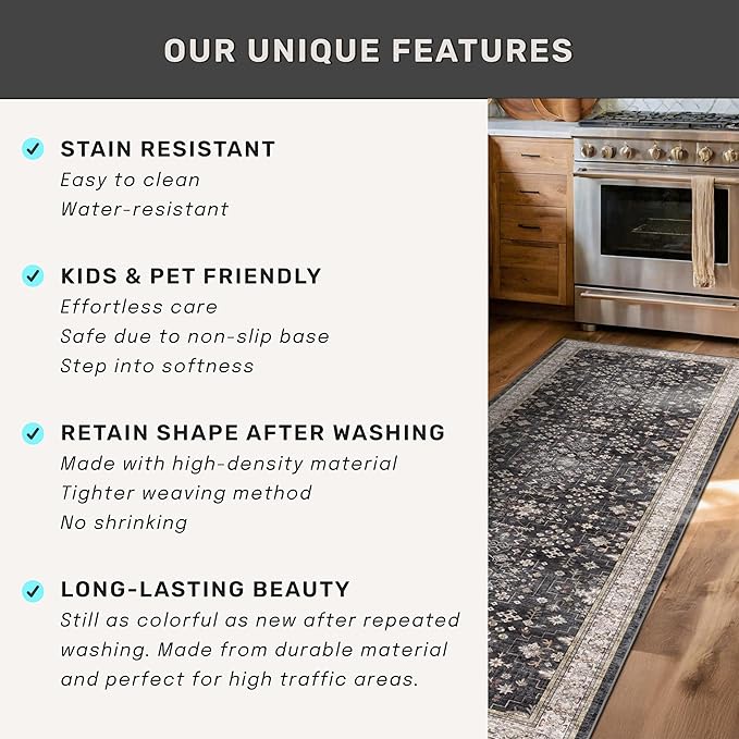Black Boho Washable 2x10 Hallway Runner Rug - Extra Long Runners for Kitchen, Bathroom, Stair, Non-Slip Floor Carpet Rugs for Large Entryway Indoor, Vintage Multi Ashen Floral Decor