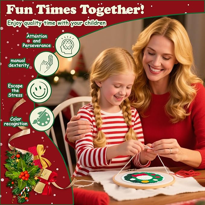 Rivnsong Christmas Punch Needle Kit – DIY Embroidery Set for Beginners to Make 6 Festive Coasters with Hoop, Monk’s Cloth, Tools and Yarn – Holiday Gift for Adults and Kids 8+