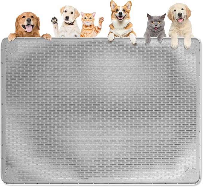 Bartuke Dog Food Mat, Extra Large 50" x 35" Silicone Pet Feeding Mat with Raised Edge Pet Placemat for Small, Medium, and Large Pets Non-Slip, Easy to Clean (Grey)