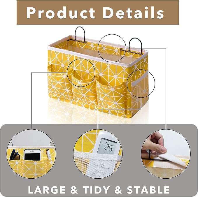 Kanrichu 2pcs 3-pockets Large Wall Hanging Organizer Bag, Linen Fabric Door Hanging Storage Baskets with Pockets, Waterproof Bin for Kitchen, Bedroom, Office, RV Camper (Yellow_2pcs)