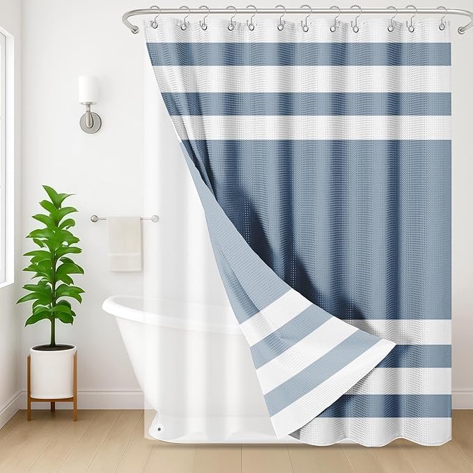 Nesphy Shower Curtain and Liner, Blue Striped 3 in 1 Shower Curtain and PEVA Liner Set with 12 Rust-Resistant Metal Hooks, Waterproof Fabric Shower Curtains for Bathroom, 72 W x 72 H