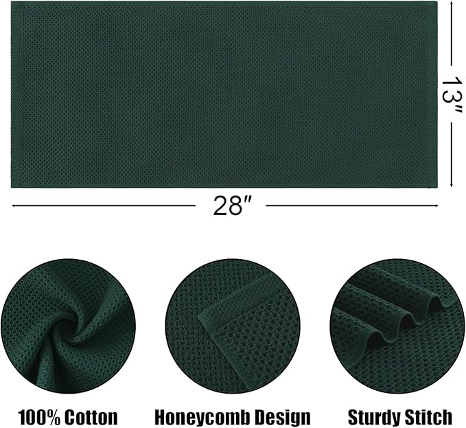 Kitinjoy 100% Cotton Waffle Weave Kitchen Towels, 12-Pack Super Soft and Absorbent Dish Towels for Drying Dishes, Kitchen Hand Towels, 13 in x 28 in, Blackish Green