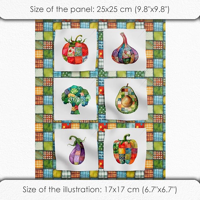 Vegetable Patchwork Cotton Fabric Panel – 6 Designs (10×10 inch Each) + Bonus Patchwork Sheet 29.5×19.6 inch, 100% Cotton 140 GSM