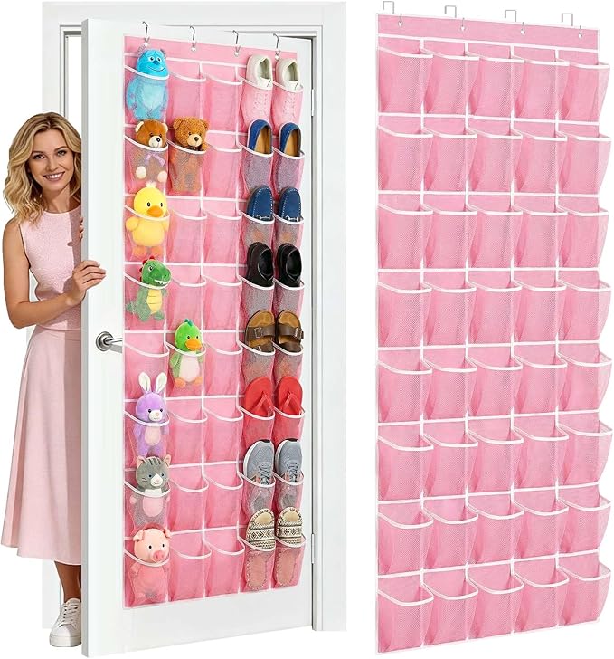 Hualleko 40-Pocket Over the Door Shoe Organizer - Large Mesh Pocket Hanging Shoe Organizer,Behind the Door Shoes Storage Holder Hanger (Pink-W)