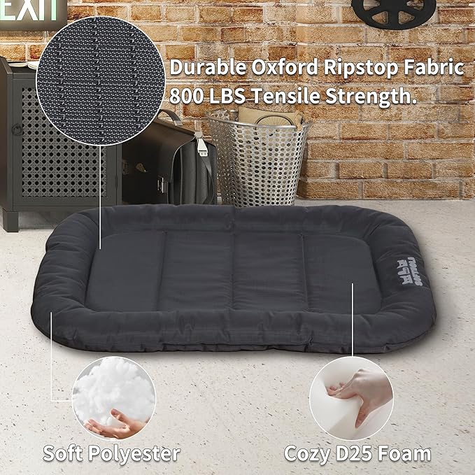 Warfort Durable Outdoor Dog Bed with Pillow Around Curling Sleep Fully Waterproof Indoor Cat Bed Crate Mat Stable Kennel Pad, for Pets (Charcoal, X-Large(42x29in))