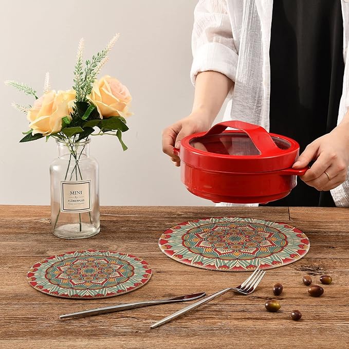 BohoTrivets for Hot Dishes Pots and Pans Potholders Woven Trivet Cotton Round Large Pot Holder Decor Heat Resistant Hot Pads Mat for Table Counter Cooking Potholder Set of 2 (7in + 9in) Mandala