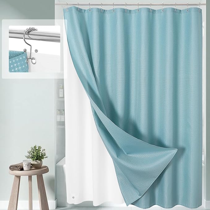 Craidlela 3 in 1 Extra Long Shower Curtain Set-72 W x 84 H, Teal Blue Waffle and PEVA Liner Set with 12 Stainless Steel Hooks, Waterproof Fabric for Bathroom