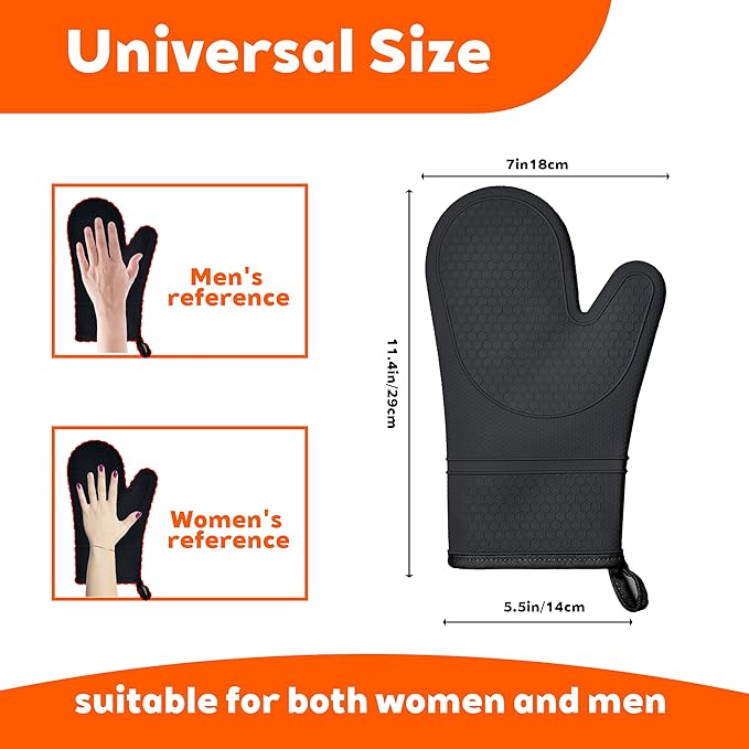 1 Pair Silicone Oven Mitts, Heat Resistant to 500°F, BPA-Free, Waterproof Oven Gloves with Quilted Cotton Lining, Non-Slip Grip for Cooking, Baking, Grilling (Black)