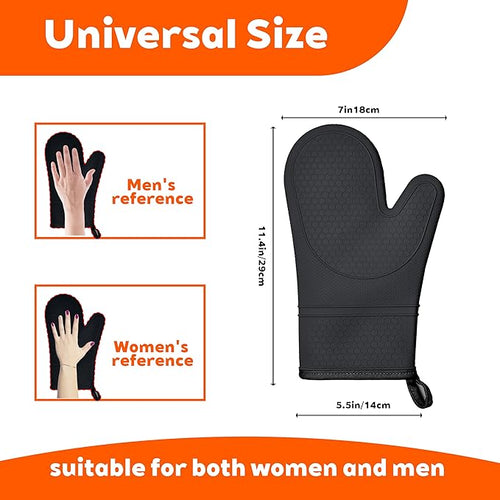 1 Pair Silicone Oven Mitts, Heat Resistant to 500°F, BPA-Free, Waterproof Oven Gloves with Quilted Cotton Lining, Non-Slip Grip for Cooking, Baking, Grilling (Black)