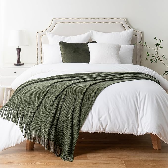BATTILO HOME Olive Green Throw Blanket for Couch, Soft Chenille Knit Throws with Tassels for Home Decor, Green Blankets and Throws for Bed Couch Cover, 60"x80"