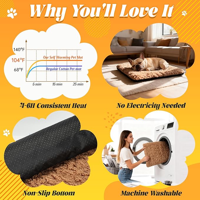 PatiencET Self Warming Cat Bed for Indoor Cats 18'' x 24'' - Cozy Fleece Heating Pad, Non-Electric Thermal Mat for Small Pets, Washable Soft Cushion for Winter Comfort and Warmth Khaki