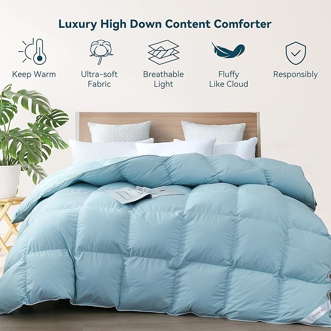 SNOWMAN Premium Down Comforter Twin Size, Luxurious All Season Duvet Insert with Cotton Blended Fabric, 3D Baffle Box Design Hotel Bedding Comforter (Blue,68"x90")