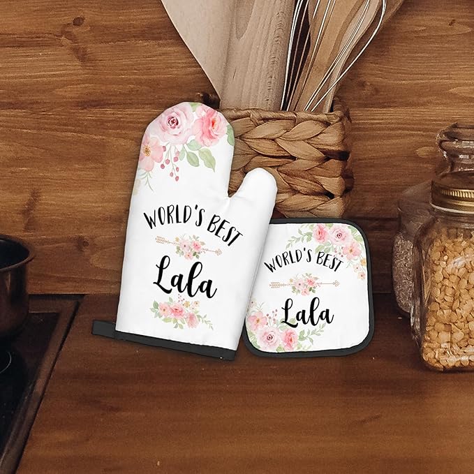 Lala Gifts Oven Mitts and Pot Holders Sets, Gifts for Lala from Grandkids Kitchen Decor Accessories Sets, World’s BestLala Heat Resistant Oven Glove Potholders for Kitchen Cooking Baking BBQ