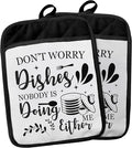 Funny Kitchen Gifts Pot Holders with Pockets, Don't Worry Dishes Pot Holders Heat Resistant Oven Mitts Hot Pads for Kitchen Baking Cooking,Potholders for Kitchens
