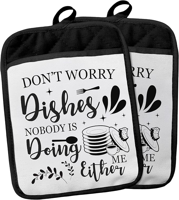 Funny Kitchen Gifts Pot Holders with Pockets, Don't Worry Dishes Pot Holders Heat Resistant Oven Mitts Hot Pads for Kitchen Baking Cooking,Potholders for Kitchens