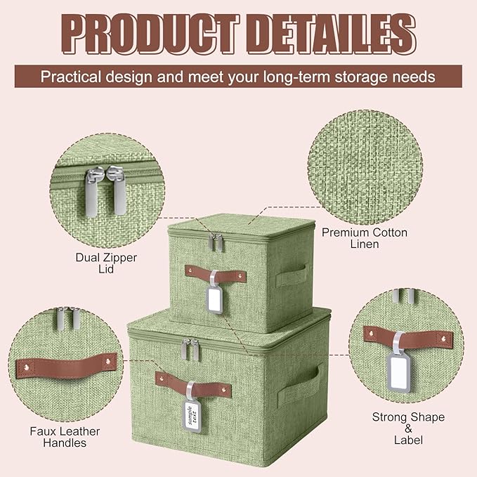 Fiwochic 6 Pack Fabric Storage Bins with Lids and Label, 10×8×7Inch Foldable Cotton Linen Cute Storage Boxes with PU Leather Handles for Closet, Bedroom, Shelf, Nursery, Green