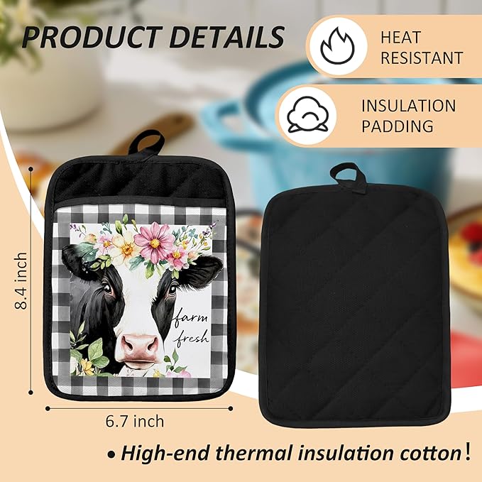 Cow Gifts Oven Mitts Set, Cow Themed Gifts for Lovers Women, Farm Fresh Black Buffalo Plaid Heat Resistant Kitchen Oven Gloves for Baking and Cooking,Pot Holders