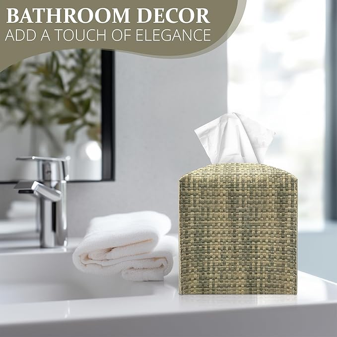 PU Leather Square Tissue Box Cover with Woven Pattern, Cube Tissue Box Holder with Bottom Belt, Perfect Decorative Organizer for Tabletop, Car, Office, Bathroom (Beige Olive Green)
