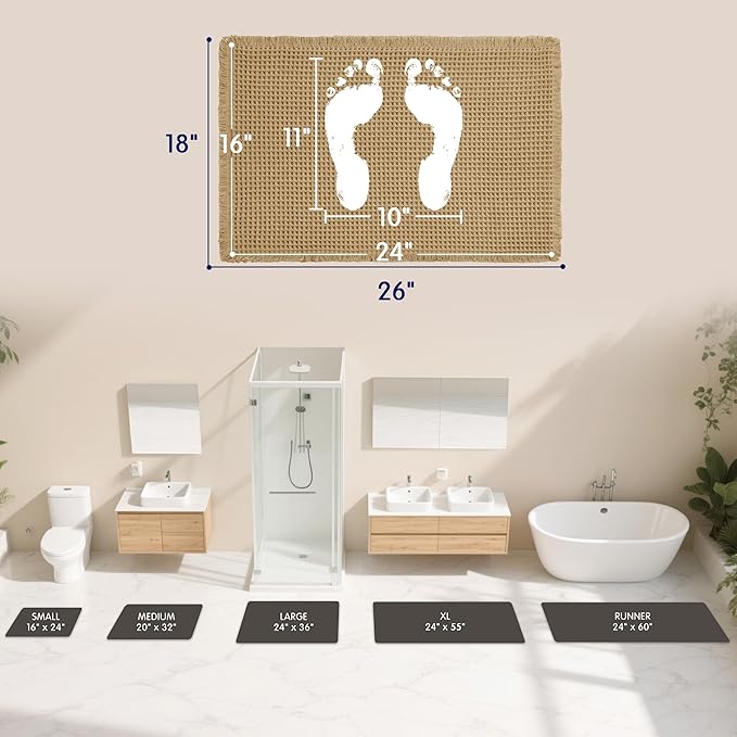 SUBRTEX Waffle Braided Bath Mat, 16" x 24" Soft Waffle Bath Rugs, Absorbent Non Slip Bathrooom Mats, Machine Washable Area Rug for Bathroom, Quick Dry, Khaki