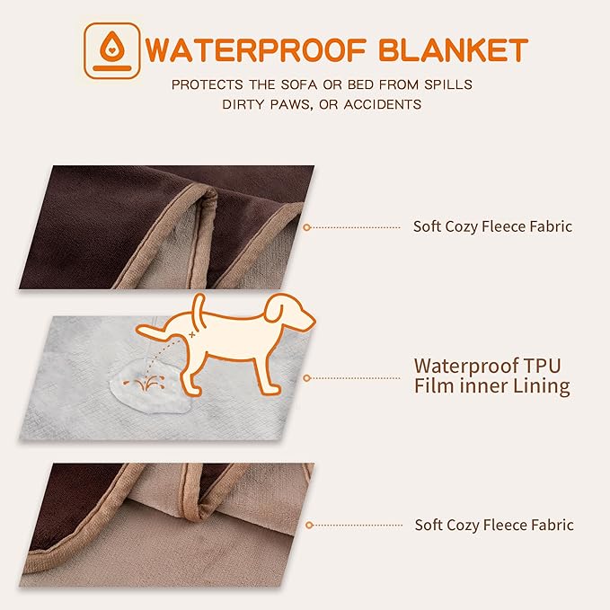 CAPT.SNOOZE Water Proof Blanket 50x60 Inches - Reversible Flannel Blanket for Bed, Sofa,Couch- Spillproof, Leakproof Soft Double-Sided Brown Throw Blanket for Adults, Pets, Couples