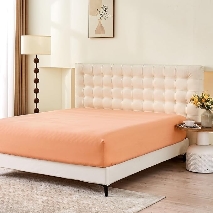 Simple&Opulence Belgian Linen Sheet Set Solid Color - 4 Pieces (1 Flat Sheet & 1 Fitted Sheet & 2 Pillowcases) Natural Flax Cotton Blend Soft Bedding Breathable Farmhouse - Peach, Full Size