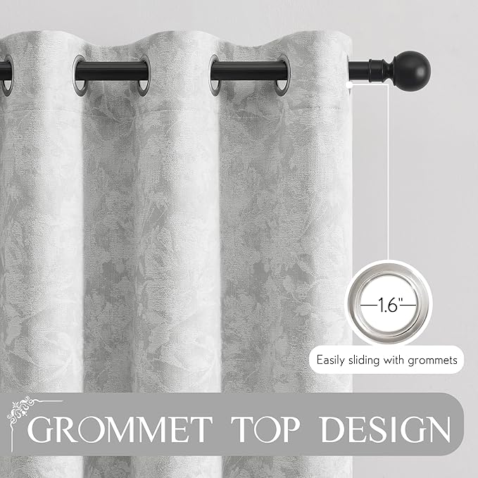 Beauoop Grey Floral Jacquard Blackout Curtains 90 Inches Long 2 Panels for Bedroom Living Room Gray Flower Chenille Room Darkening Thermal Insulated Soundproof Grommet Window Treatments Drapes, 52x90