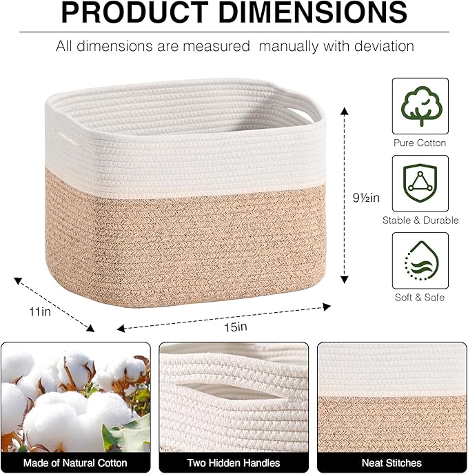 ICERZCZ Woven Cotton Rope Storage Basket for Organizing, Cute Decorative Baskets for Gifts Empty, Organizer Bins for Dog Toy, Baby Laundry, 15“×11”×9.5“, Off White & Brown