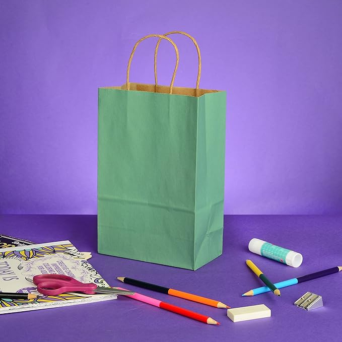 Prime Line Packaging Mini Green Gift Bags with Handles, Kraft Paper Shopping Bags for Treats, Goodies, Party Favors, Christmas, Holidays, Bulk, 6x3x9, 100 Pack