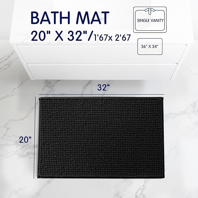 SUBRTEX Bathroom Rugs, 20" x 32" Chenille Bath Rug Soft Short Plush Bath Mat Soft Shower Mat Water Absorbent Shower Mat Quick Dry Machine Washable, Black
