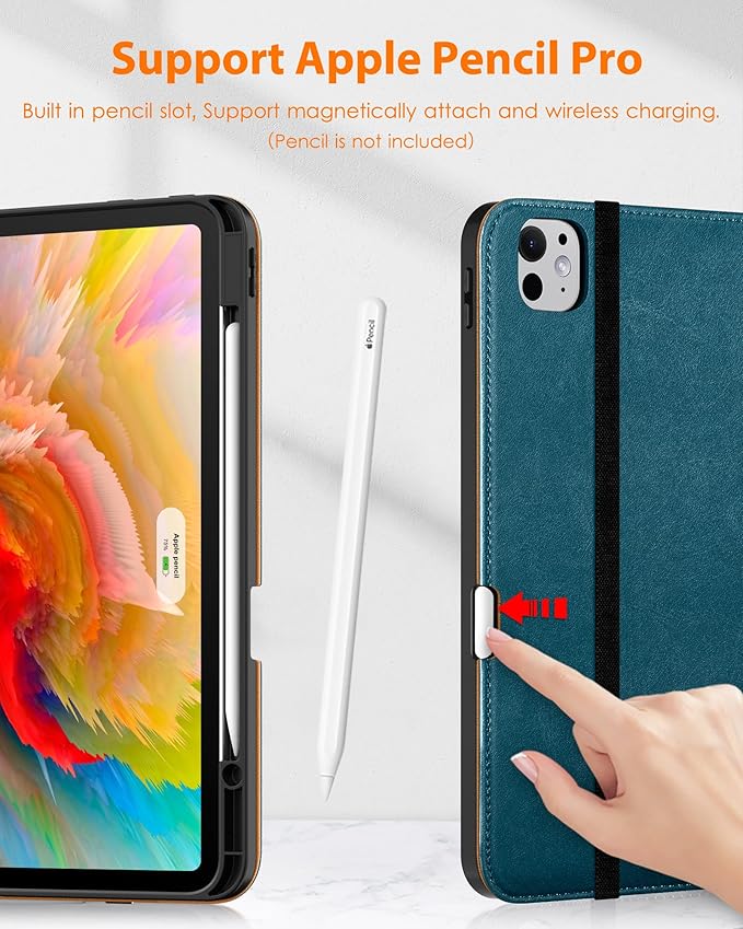 DTTO for iPad Pro 13 inch Case (M5/M4) 2025/2024, Premium Leather Business Folio Stand Cover with Pencil Holder - Auto Wake/Sleep & Multiple Viewing Angles, Built in Hand Strap & Pocket, New Teal