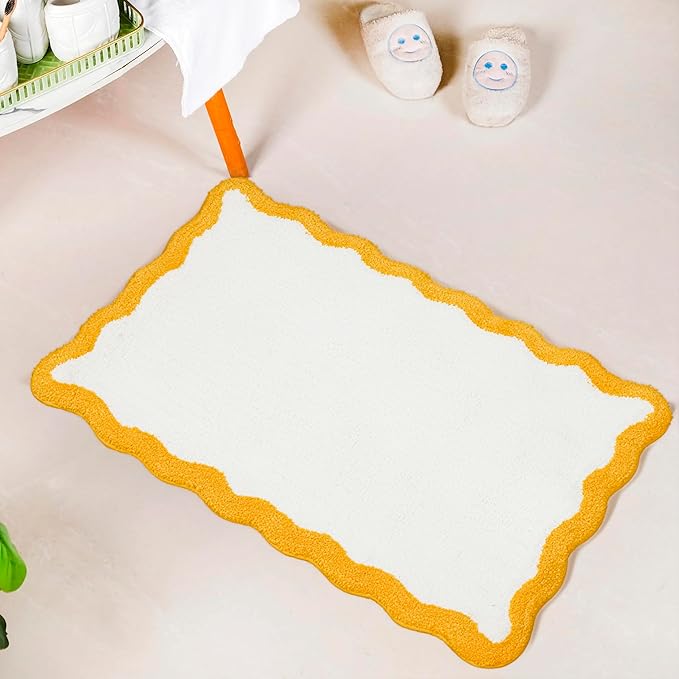 C23 Luxury Deep-Pile Bath Rug | 2200 GSM Ultra-Soft Plush Thick Bathroom Mat | 20"x32" Mustard Yellow & White High-Density Loft Rug | Non-Slip Natural Latex Back, Absorbent, Machine Washable, 1 Piece