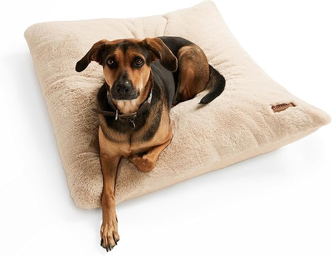 UnHide Floof Pet Bed - Medium (28" x 10") - Extra Soft Dog Bed - Removable Faux Fur Cover - Machine Washable - Helps Ease Pet Anxiety & Provides The Perfect Sleep - Beige Bear
