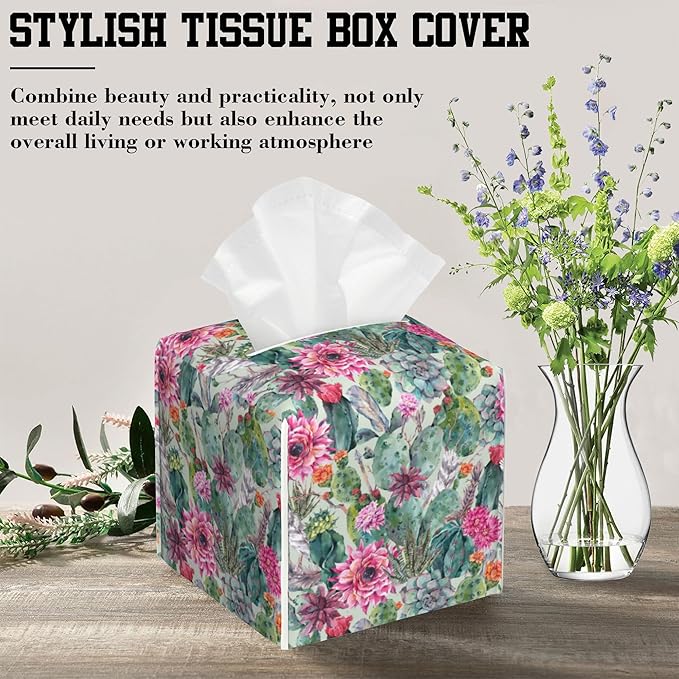 OHEGBXE Succulent Plant Tissue Box Holder Cactus Flower Square Leather Tissue Box Cover Modern Cube Facial Paper Cover Case for Bathroom Vanity Countertop Night Stands Tabletop