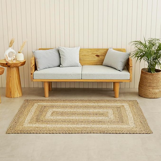 Traditional Jute Braided Rug, Rustic Country Décor for Kitchen, Living Room, Dining Room, Bedroom, Coastal Beige, 5'X7'