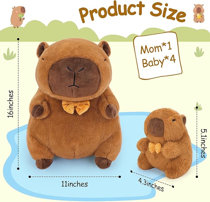 Achwishap 5PCS Capybara Plush,Capybara Stuffed Animal Mommy with 4 Capybaras Babies Plush Toy,Cute Plushie Capybaras Hugging Pillow Cuddle Plushie for Kids Girls Boys Birthday,Capy bara Family 16”