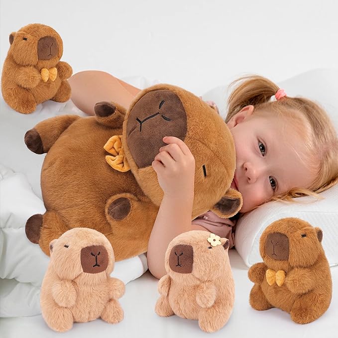 Achwishap 5PCS Capybara Plush,Capybara Stuffed Animal Mommy with 4 Capybaras Babies Plush Toy,Cute Plushie Capybaras Hugging Pillow Cuddle Plushie for Kids Girls Boys Birthday,Capy bara Family 16”