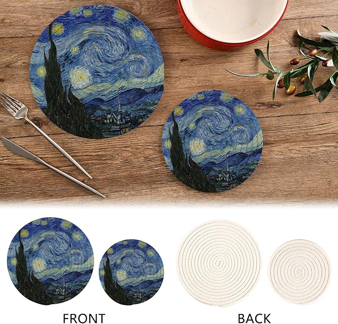 Trivets for Hot Dishes, Pots and Pans Potholders Woven Trivet Cotton Round Large Pot Holder Decor Heat Resistant Hot Pads Mat for Table Counter Cooking Potholder Set of 2 (7in + 9in) Vangogh