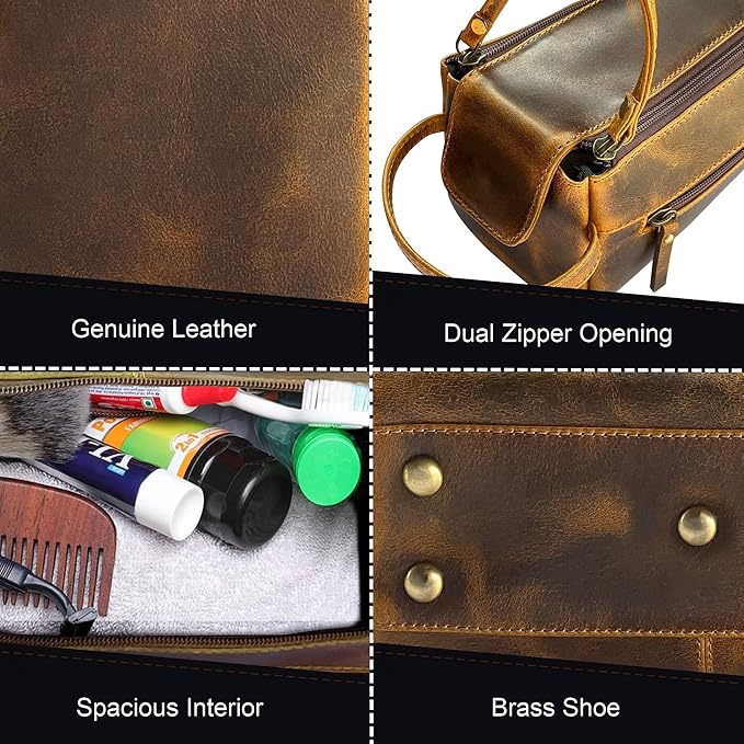 Rustic Town Leather Wash Bag for Men - Travel Toiletry Bag - Shaving Dopp Kit Toiletries Organizer - Leather Makeup Bag for Women