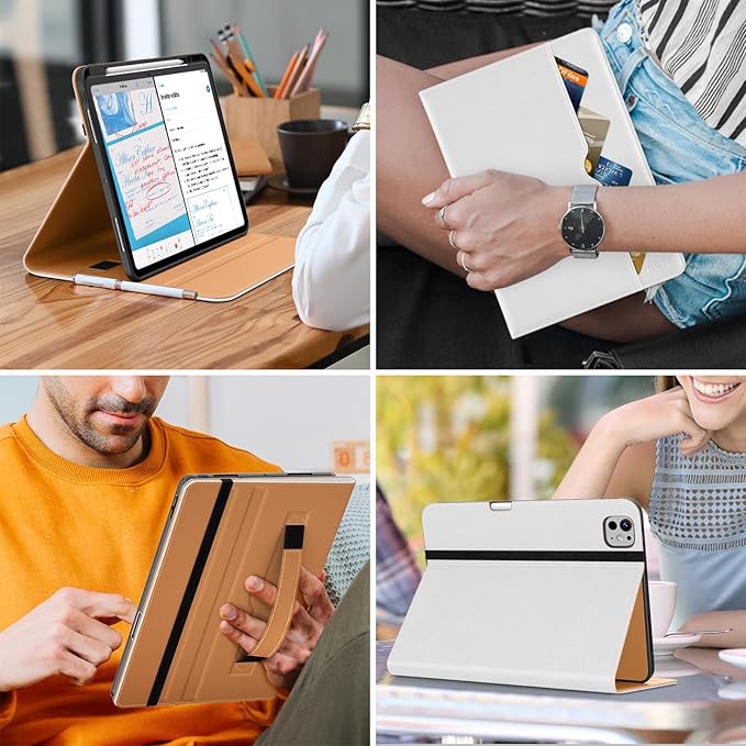 DTTO for iPad Pro 13 inch Case (M4) 2024, Premium Leather Business Folio Stand Cover with Pencil Holder - Auto Wake/Sleep and Multiple Viewing Angles, Built in Hand Strap & Pocket, White