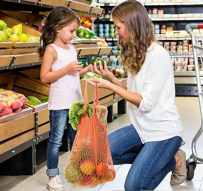 Lemonfilter Mesh Produce Bags, 5 Pack Large Reusable Mesh Grocery Bag Washable Cotton String Organizer Shopping Bags with Handle, Net Tote Bag for Vegetables Fruit Farmers Market Shopping (4 color)