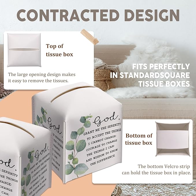Christian Decorative Tissue Box Cover Square, Leather Facial Paper Organizer, God Inspirational Quote Gift Ideas for Friends, Eucalyptus Print Decor for Bathroom Office-(5.2 Inches)
