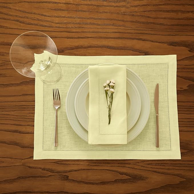 Solino Home Linen Placemats Set of 4 - Milan Hemstitch Butter Yellow Placemats 14 x 19 Inch - 100% Pure Linen Table Mats for Spring, Easter
